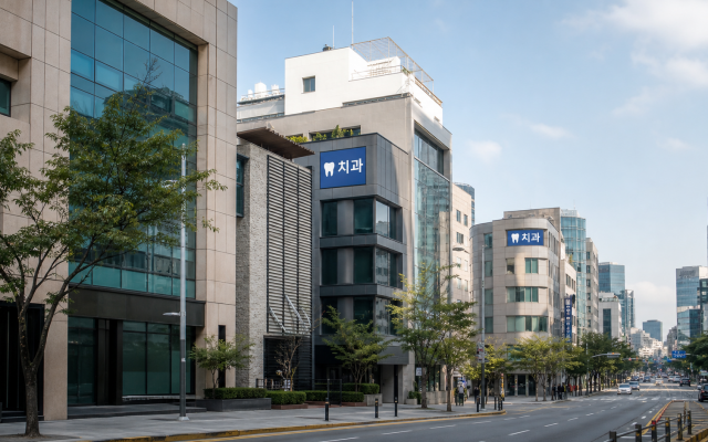강남 지역 도심 거리와 치과 병원이 밀집한 풍경